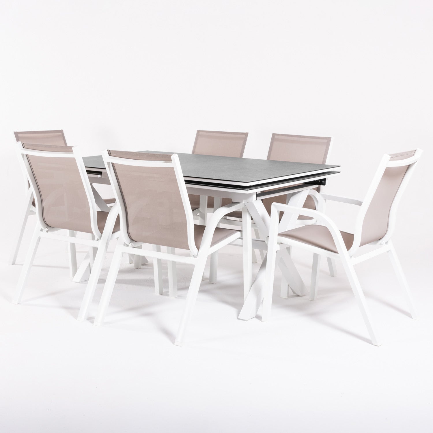Conjunto De Mesas Y Sillas Reforzadas Para Terraza, Mesa Extensible 150 A 250 Cm, Aluminio Y Cristal, Color Blanco_2