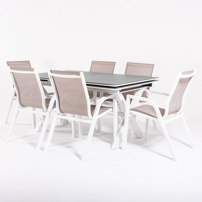 Conjunto De Mesas Y Sillas Reforzadas Para Terraza, Mesa Extensible 150 A 250 Cm, Aluminio Y Cristal, Color Blanco_2