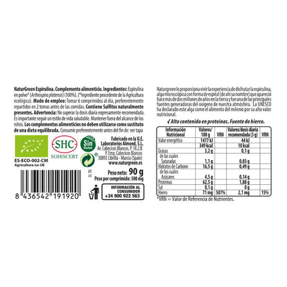 Naturgreen Spirulina 180 comprimidos de 500mg