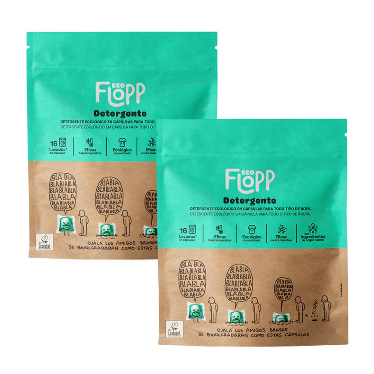 Embalagem de 2 x detergente para roupa ECO Flopp 16 cápsulas