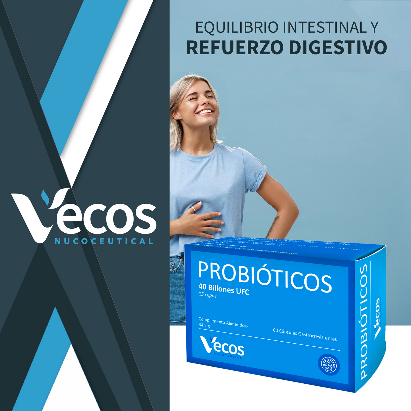 Probióticos Liofilizados VECOS (60 cápsulas) Flora intestinal y confort digestivo | 15 cepas | Cápsula gastrorresistente_1