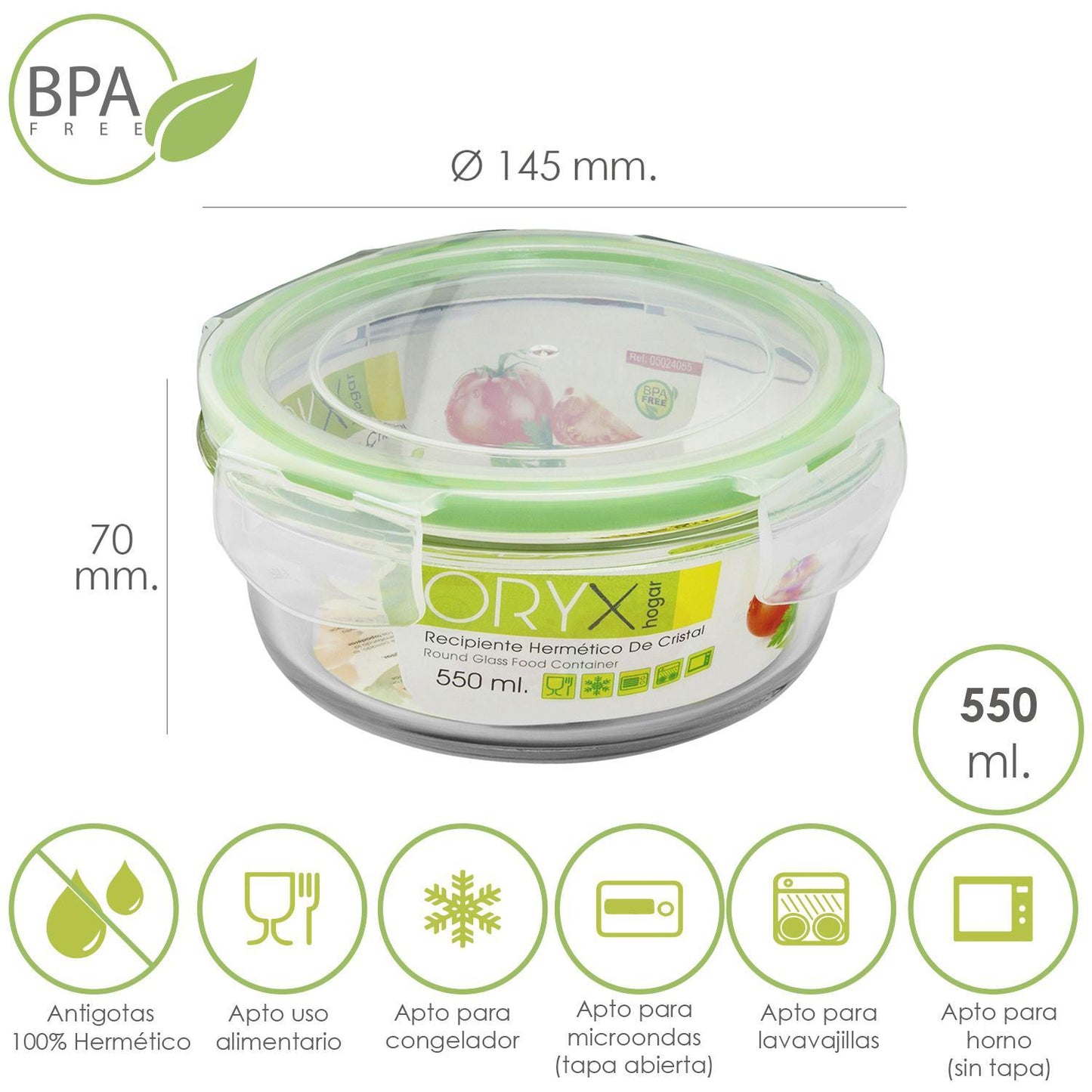 Recipiente Hermetico Cristal Redondo 550 Ml. Ø 145 X 7 (alt) Cm._0