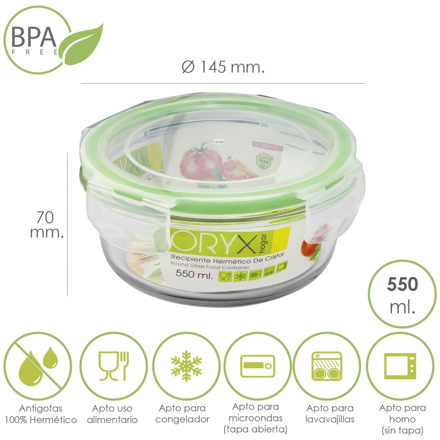 Recipiente Hermetico Cristal Redondo 550 Ml. Ø 145 X 7 (alt) Cm.