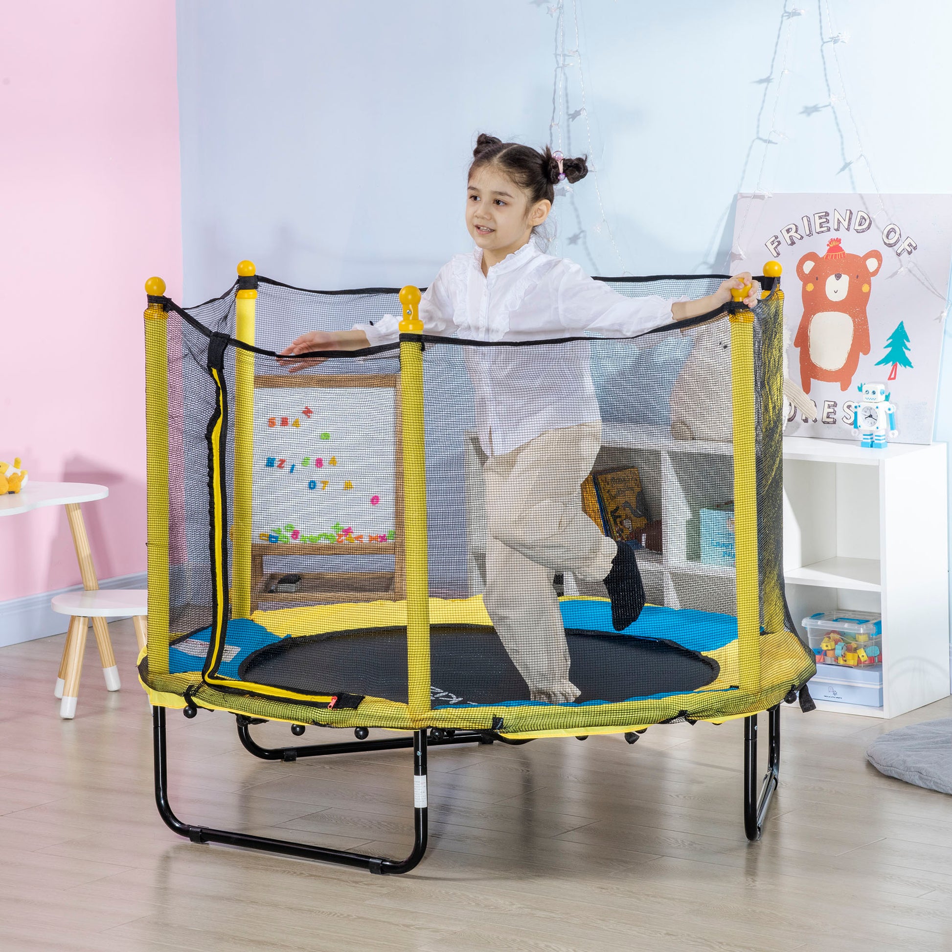 Zonekiz Cama Elástica Infantil Con Red De Seguridad Ø140x113 Cm Amarillo_1