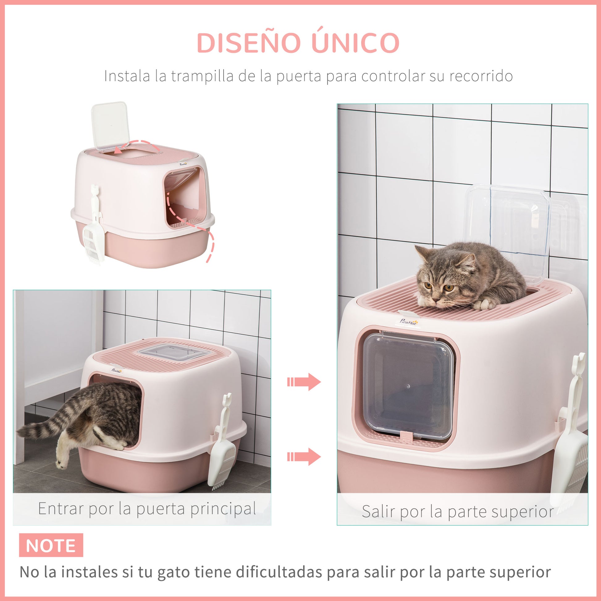 Pawhut Arenero Gatos Con Puerta Bandeja Extraíble Y Pala 40x53,5x37,5 Cm Rosa_5