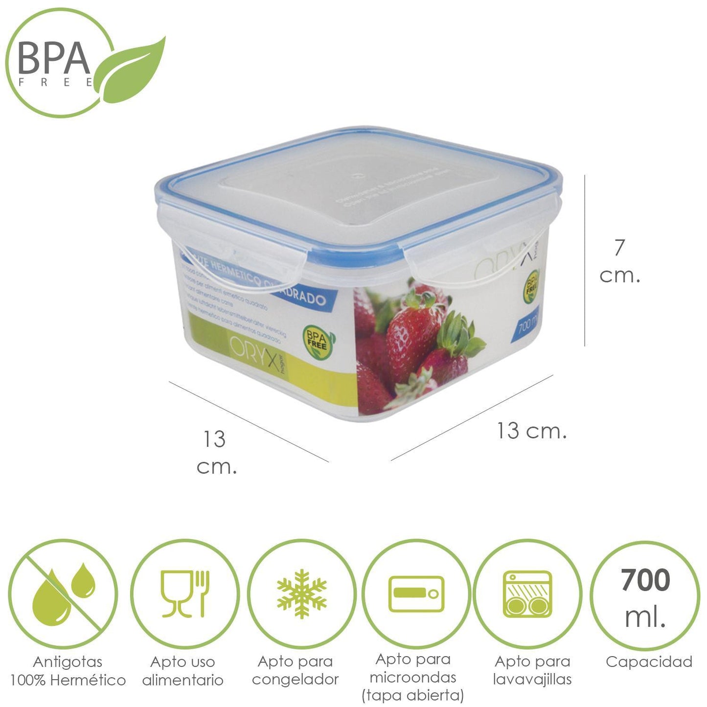 Recipiente Hermetico Plastico Cuadrado 700 Ml.  13x13x7 (alt.) Cm._0