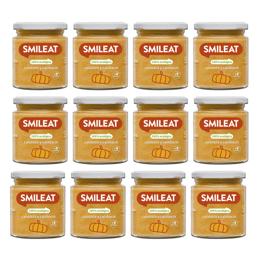 Embalagem de 12 frascos de abóbora e courgette biológica Smileat +6 meses 230g