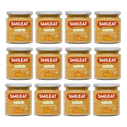 Embalagem de 12 frascos de abóbora e courgette biológica Smileat +6 meses 230g