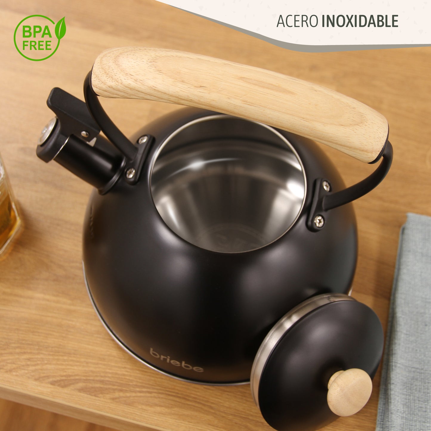 Briebe Tetera Con Silbato, Hervidor De Agua 2,3l, Inducción, Acero Inox, Vintage, Mango Madera, Wooden, Negro_3