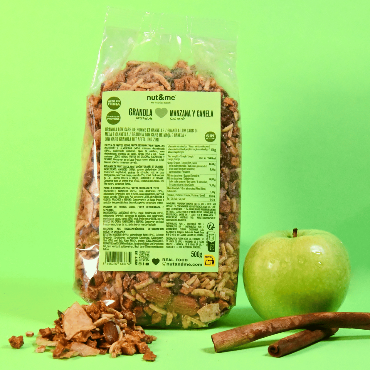 Granola de maçã e canela com baixo teor de hidratos de carbono 500 g Nut&amp;me