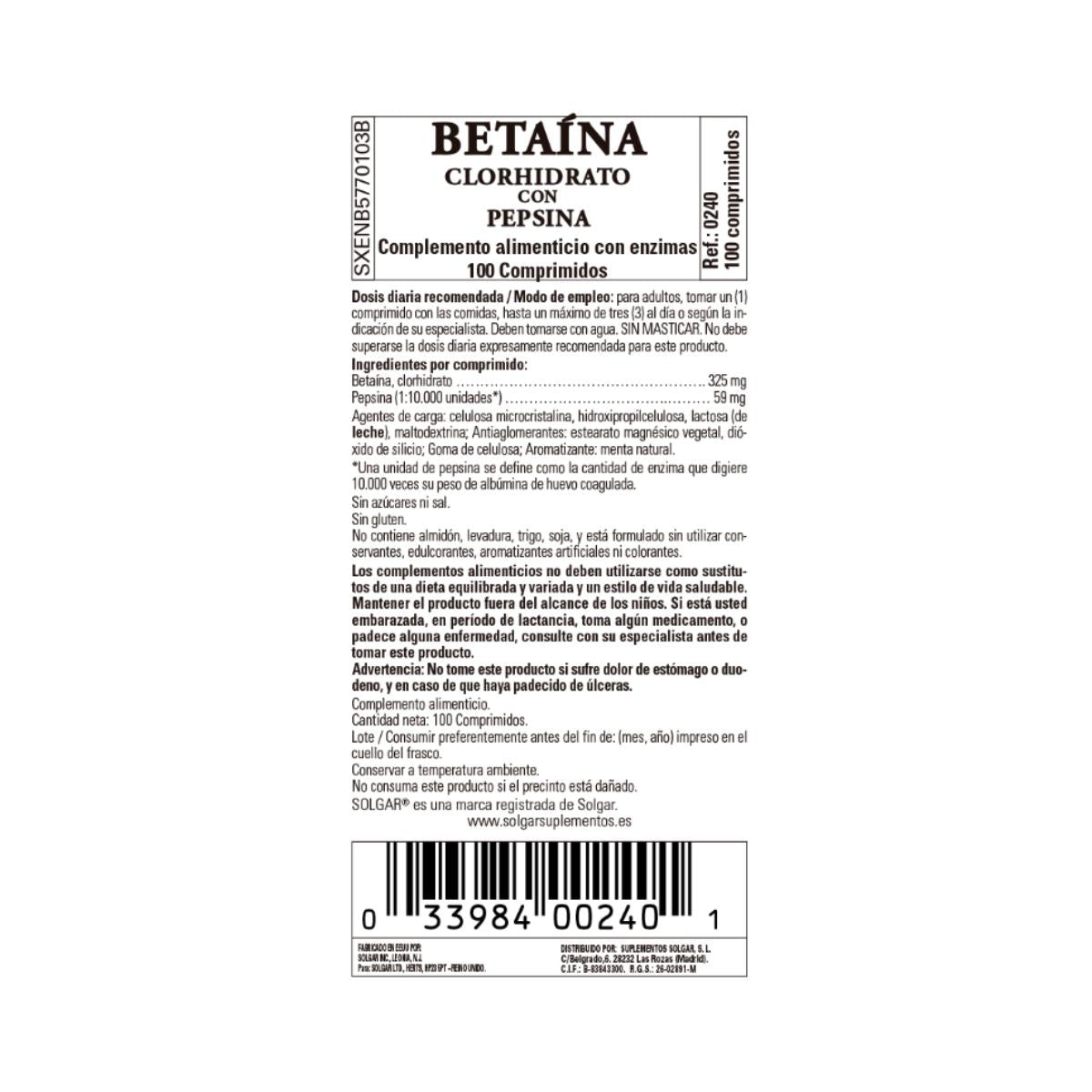 Cloridrato de Betaína com Pepsina, 100 Comprimidos