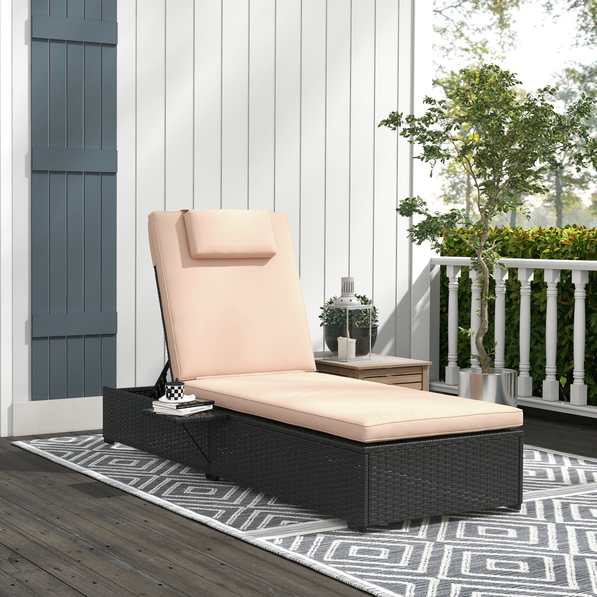 Outsunny Tumbona De Ratán Reclinable Con Respaldo Ajustable Negro Y Beige_1