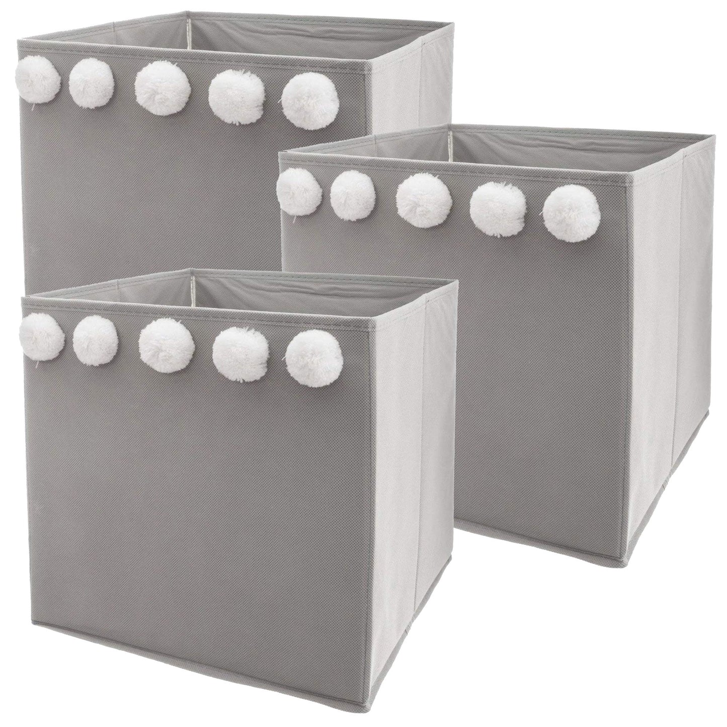 Set De 3 Cajas De Almacenamiento Infantil Con Pompones Color Gri29 X 29 X 29 Cm_0