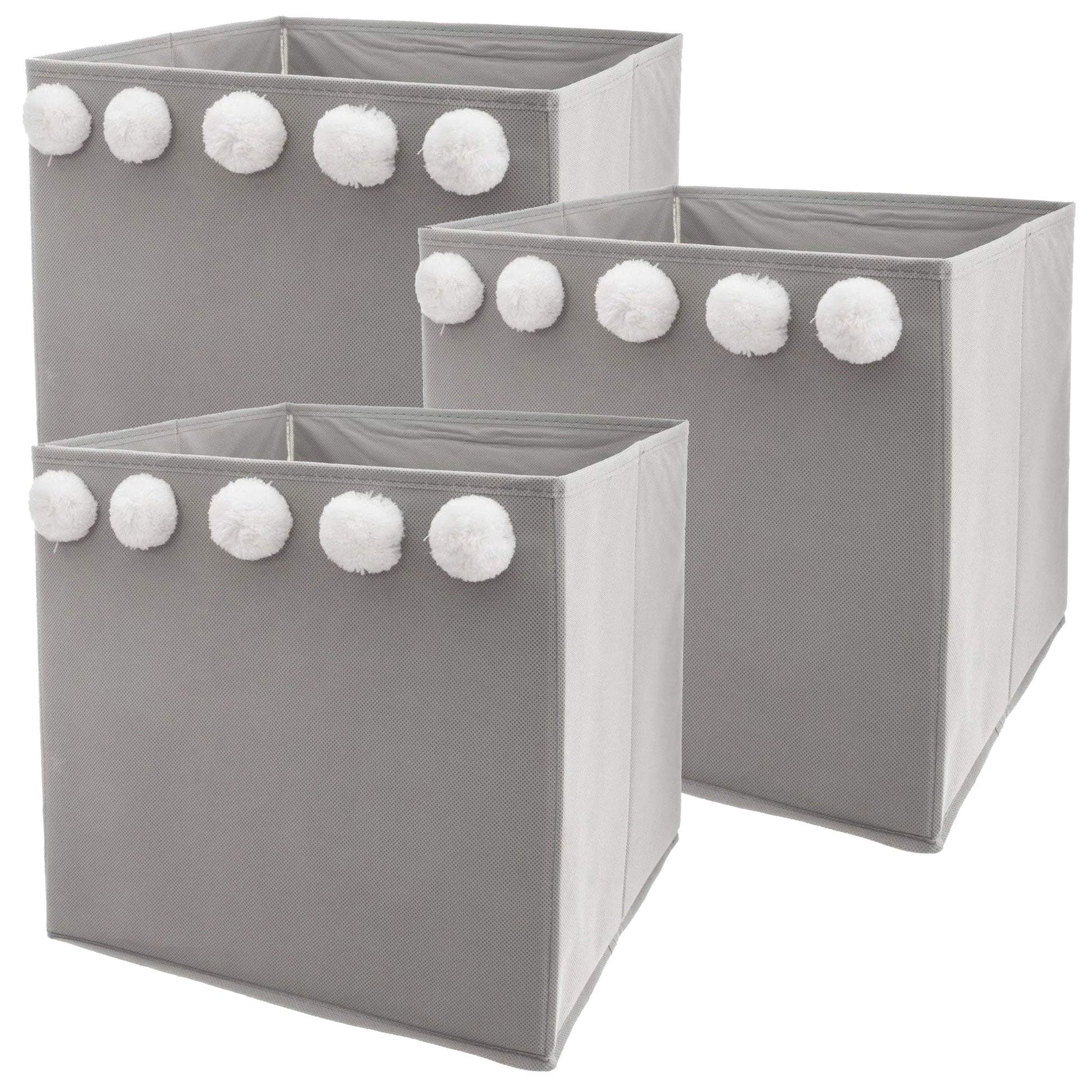 Set De 3 Cajas De Almacenamiento Infantil Con Pompones Color Gri29 X 29 X 29 Cm_0