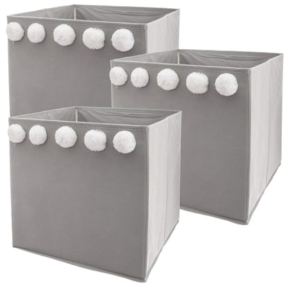 Set De 3 Cajas De Almacenamiento Infantil Con Pompones Color Gri29 X 29 X 29 Cm_0