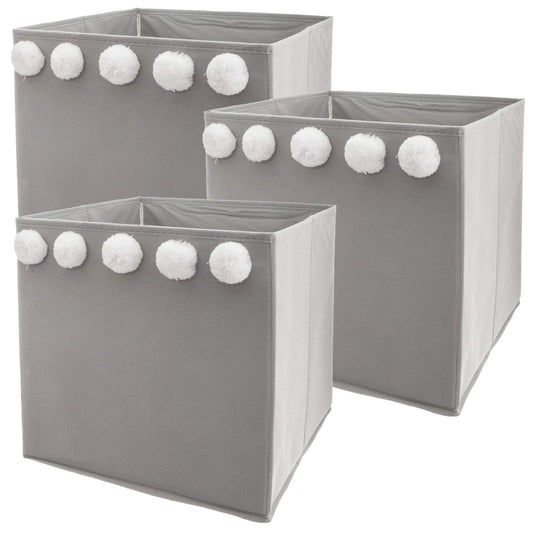 Set De 3 Cajas De Almacenamiento Infantil Con Pompones Color Gri29 X 29 X 29 Cm_0