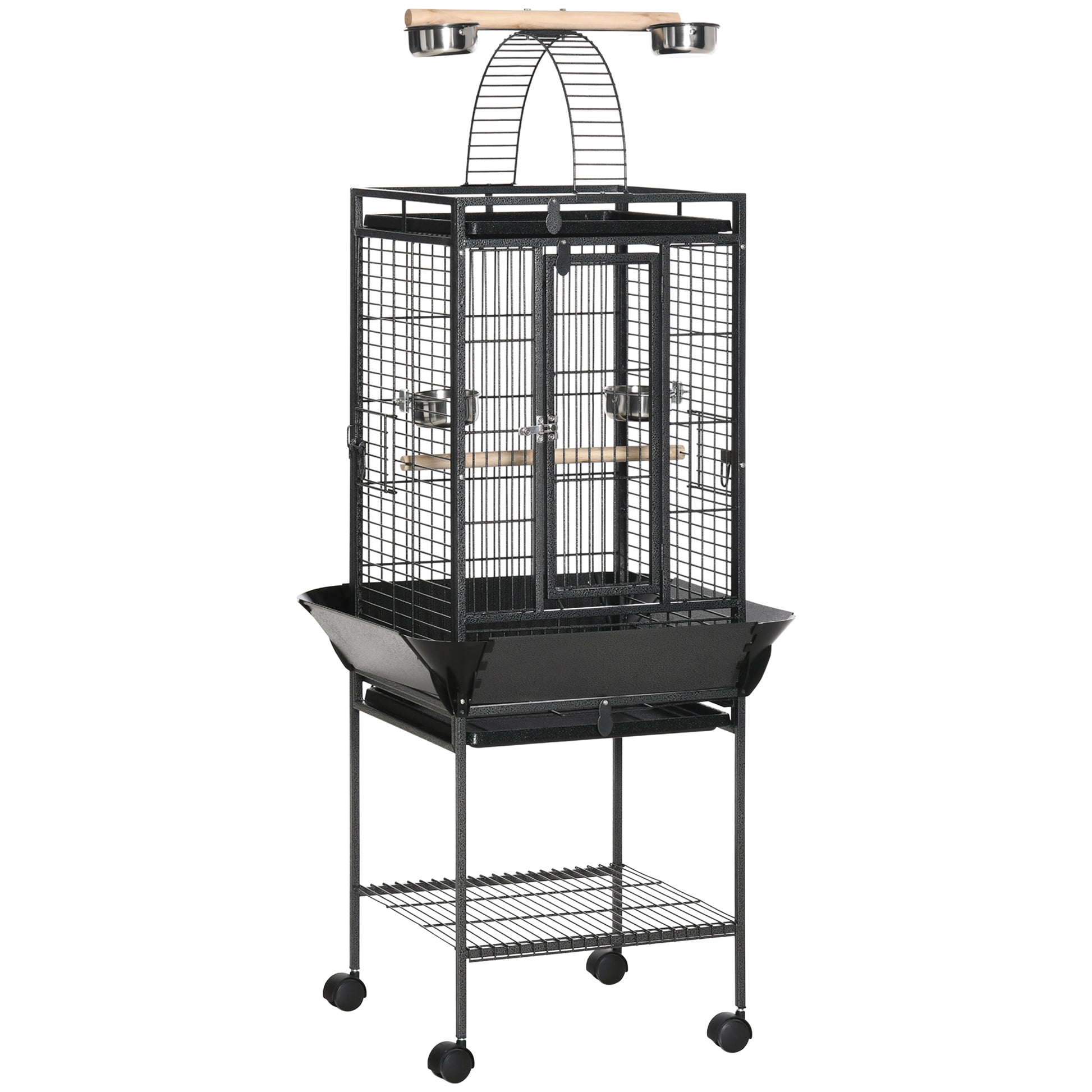 Pawhut Jaula Para Pájaros Con Soporte Ruedas 62,5x62,5x156cm 4 Comederos Gris_0