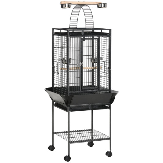 Pawhut Jaula Para Pájaros Con Soporte Ruedas 62,5x62,5x156cm 4 Comederos Gris_0
