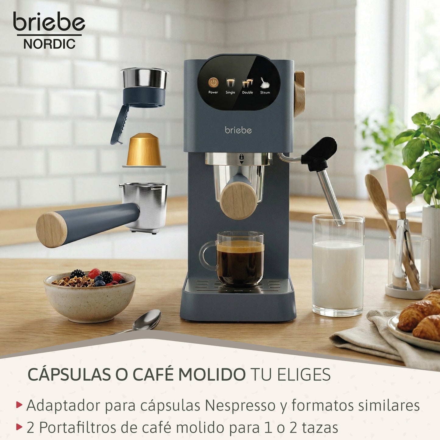 Briebe Nordic Set Cafetera 20 Bares Cápsulas, Café Molido Espumador Leche Tostadora 2 Rebanadas Anchas, Skt1221gry, Gris_5