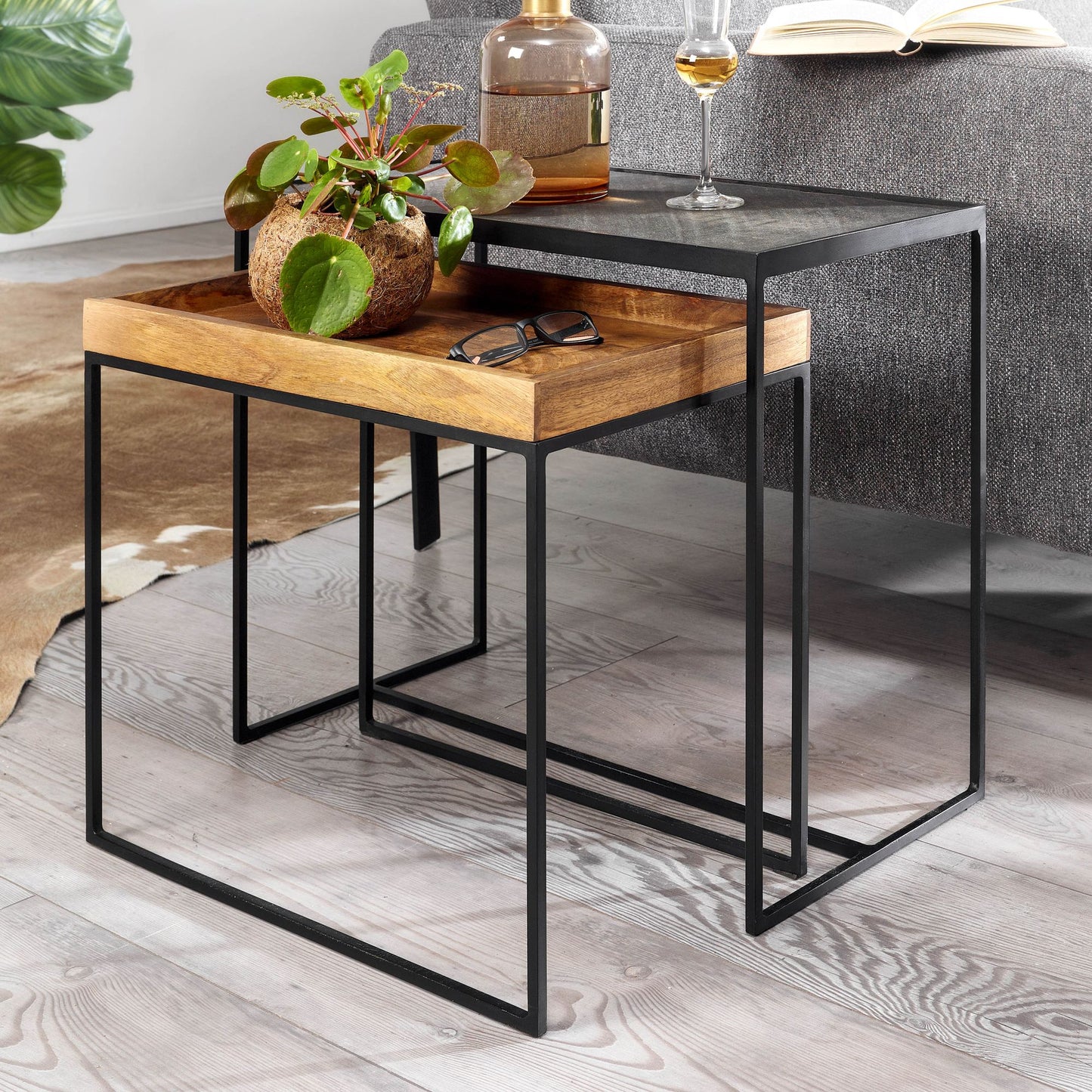 Juego De Mesa De Salón De 2 Mesas Auxiliares De Madera Maciza De Mango_1