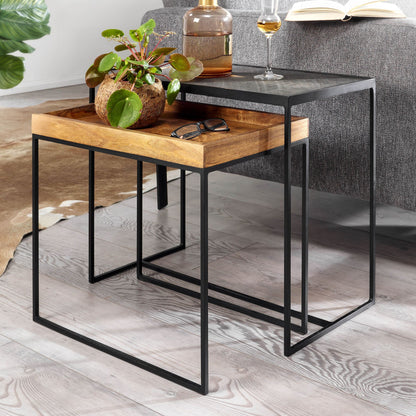 Juego De Mesa De Salón De 2 Mesas Auxiliares De Madera Maciza De Mango_1