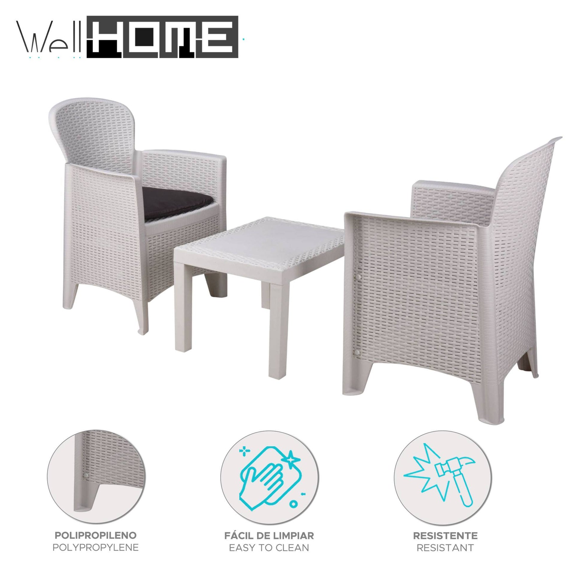 Well Home - Set De Jardín 'akita' Mesa Y 2 Sillas Blanco Ideal Para Terrazas_1