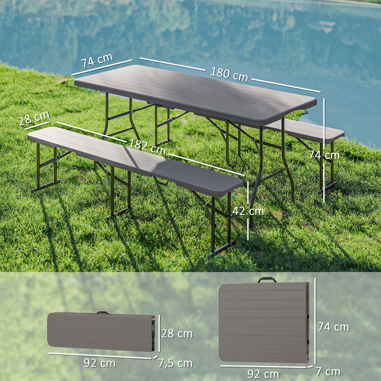 Outsunny Conjunto De Camping Plegable 3 Piezas Mesa Plegable Camping Con Bancos_2