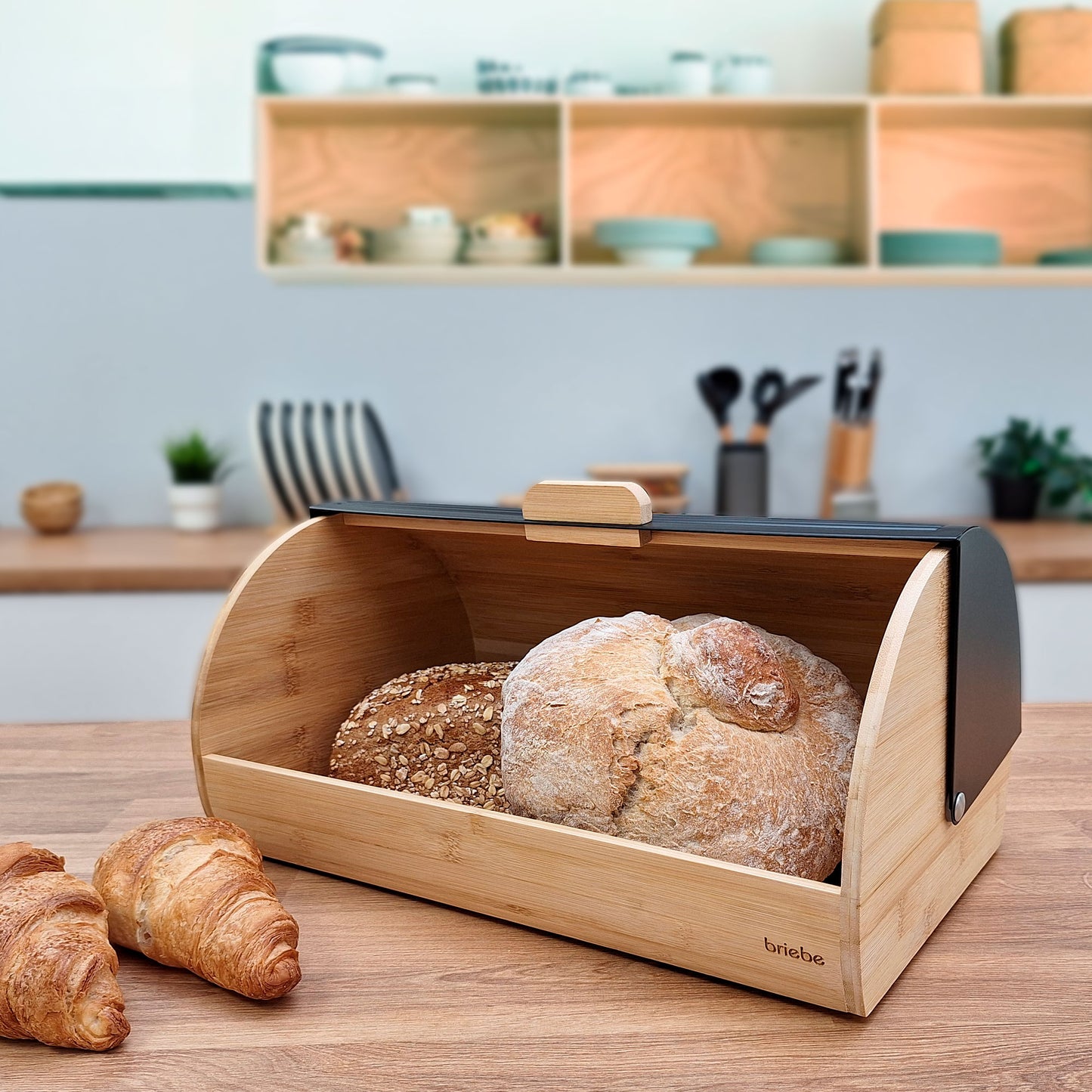 Panera Para Guardar Pan De Mesa Madera Bambú, Tapa Deslizante Bread Box Almacenamiento Bollería, Briebe, Bb1162, Negro_2
