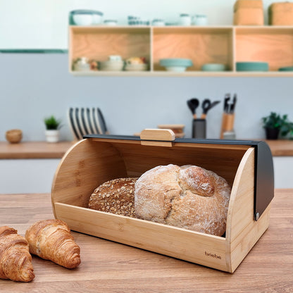 Panera Para Guardar Pan De Mesa Madera Bambú, Tapa Deslizante Bread Box Almacenamiento Bollería, Briebe, Bb1162, Negro_2