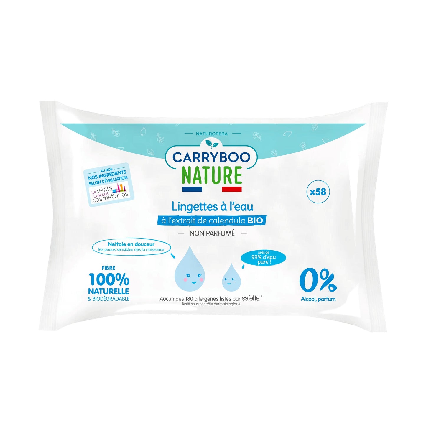 CARRYBOO - Toalhitas húmidas de água pura com extrato de calêndula orgânico - Embalagem de 58