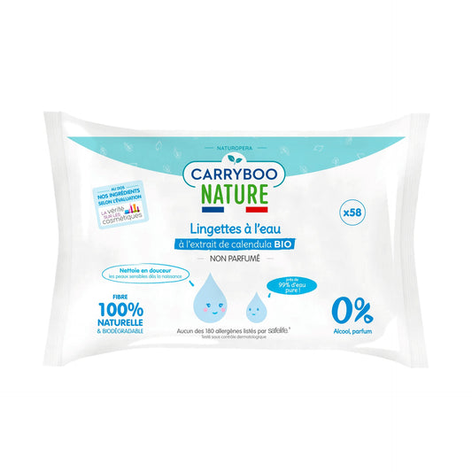 CARRYBOO - Toalhitas húmidas de água pura com extrato de calêndula orgânico - Embalagem de 58