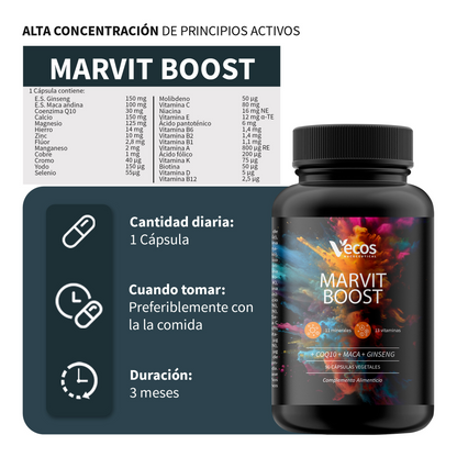 Marvit Boost VECOS (90 cápsulas) | Rendimiento Físico y Mental | Maca, Ginseng y CoQ10 | 13 vitaminas + 11 minerales_2