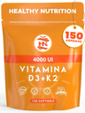 Vitamina D (4000 Ui) - 150 Cápsulas De Vitamina D3 K2 – Altamente Concentrada. Favorece La Función Inmunológica Y Ósea