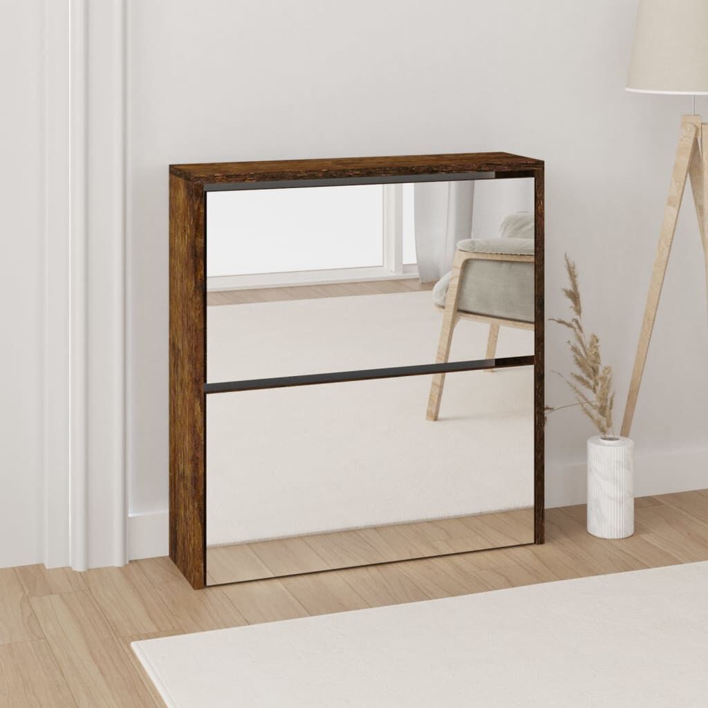 Vidaxl Mueble Zapatero Con Espejo 2 Niveles Roble Ahumado 63x17x67 Cm_1