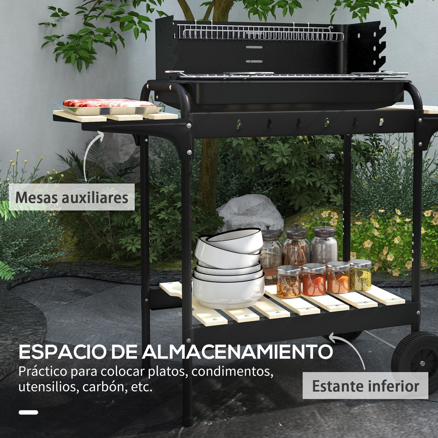 Outsunny Barbacoa De Carbón Con Ruedas Parrilla Ajustable En Altura Negro_5