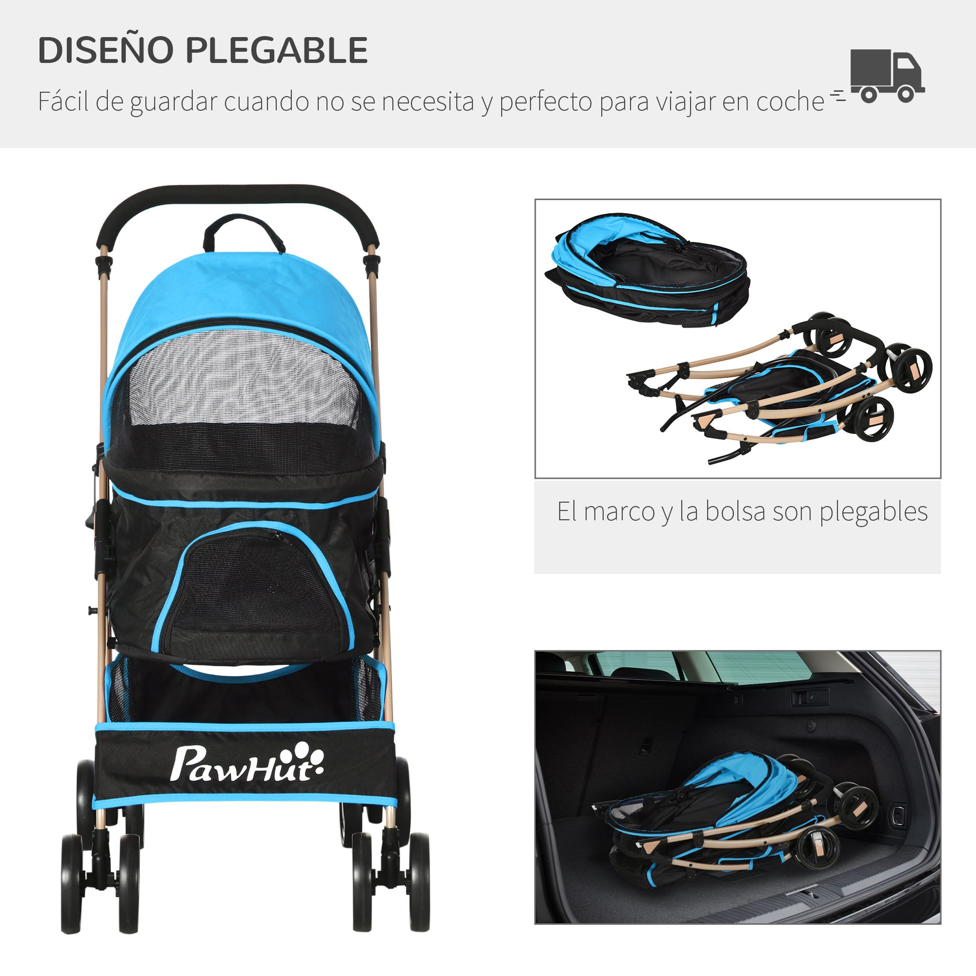 Pawhut Carrito Para Perros Plegable 3 En 1 Con Vagón Desmontable Azul_5
