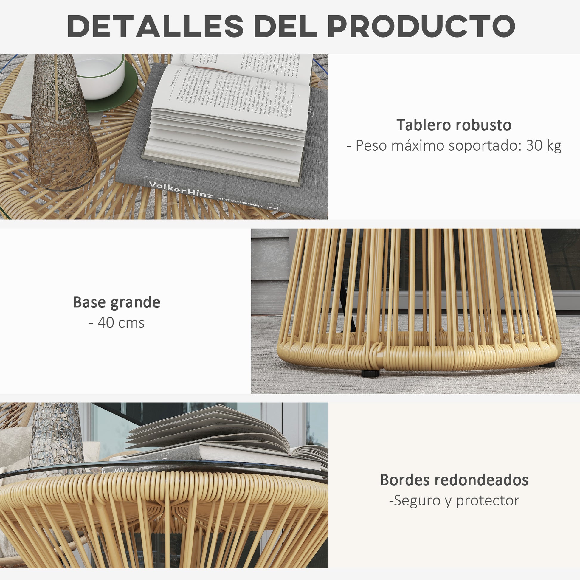Outsunny Mesa Auxiliar De Ratán Sintético Con Marco De Metal Ø40x42 Cm Beige_5
