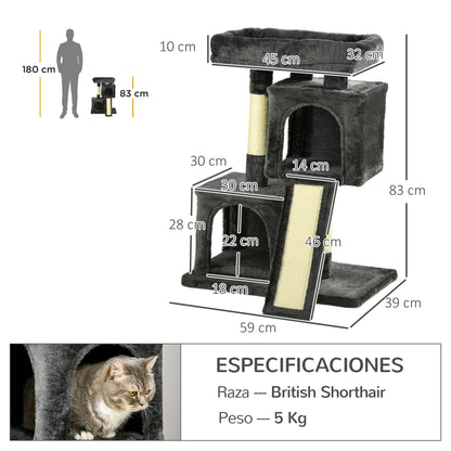 Pawhut Árbol Para Gatos Con Postes Y Tablero Rascador Cuevas Cama Suave 59x39x83_2