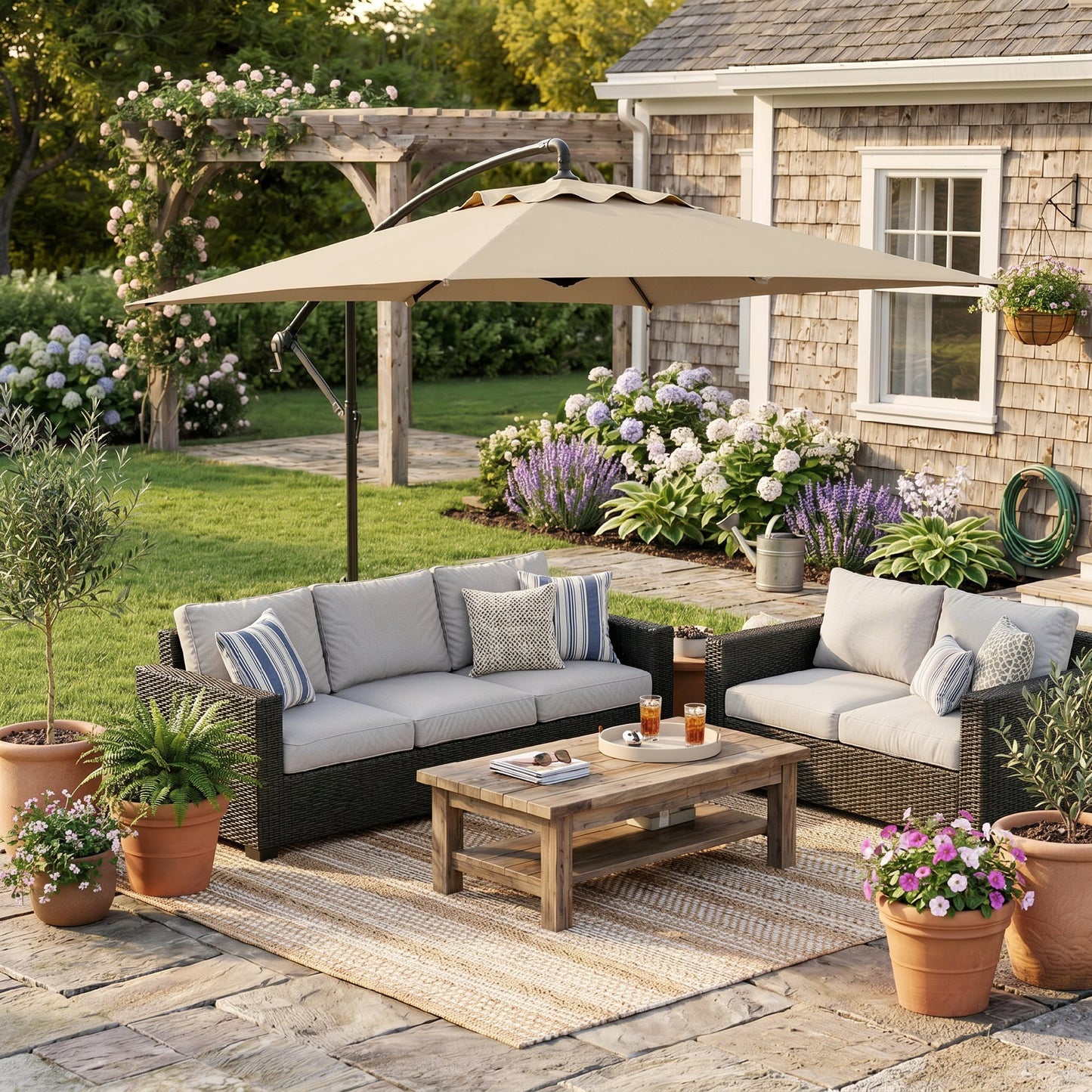 Outsunny Parasol Excéntrico 294x193 Cm Con Base Cruzada Impermeable Beige_3