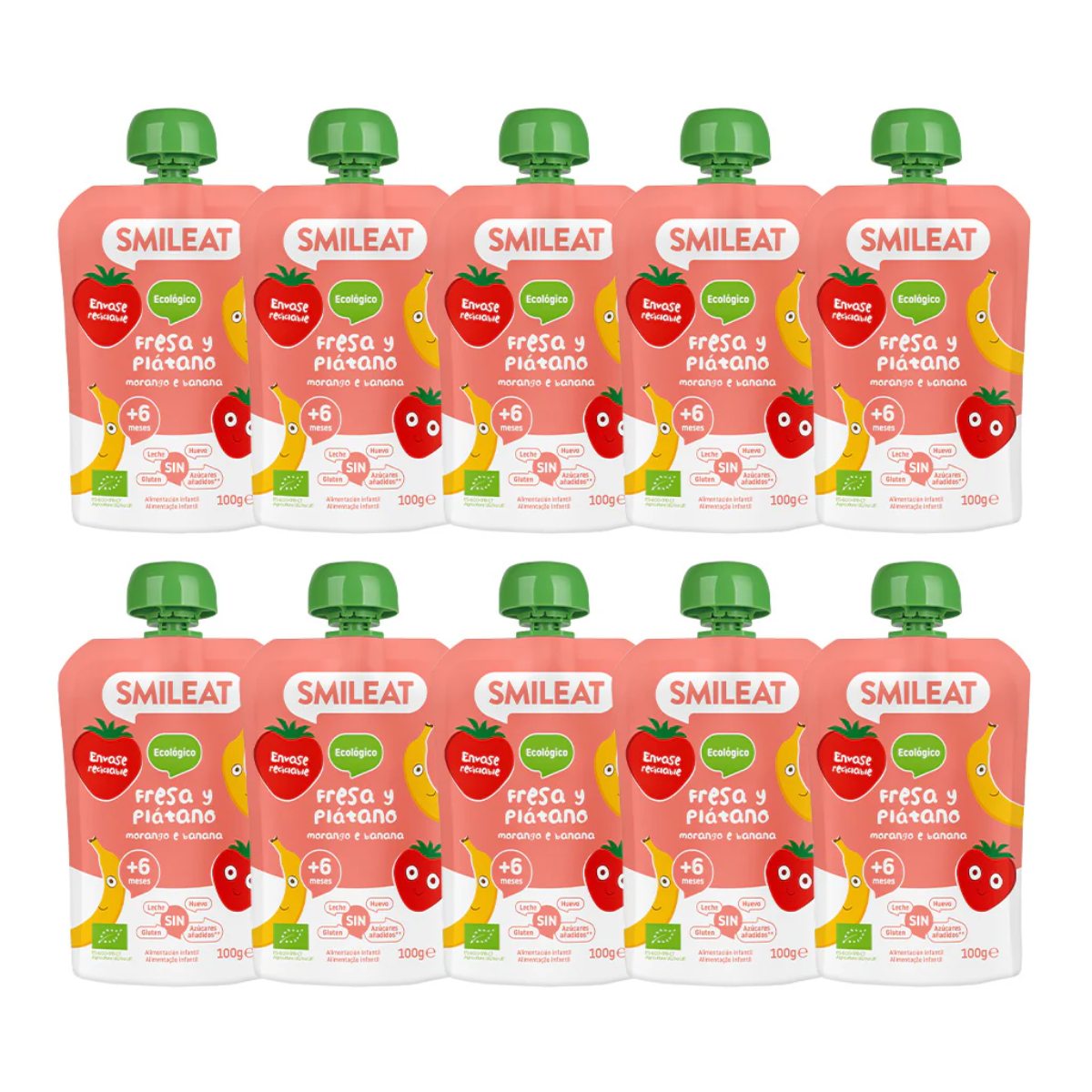 Pack de 10 saquetas ECO Morango e Banana Smileat 100 g