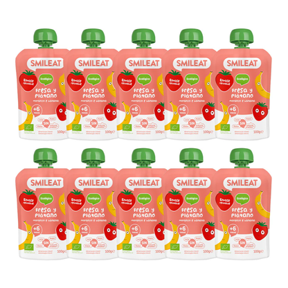 Pack de 10 saquetas ECO Morango e Banana Smileat 100 g