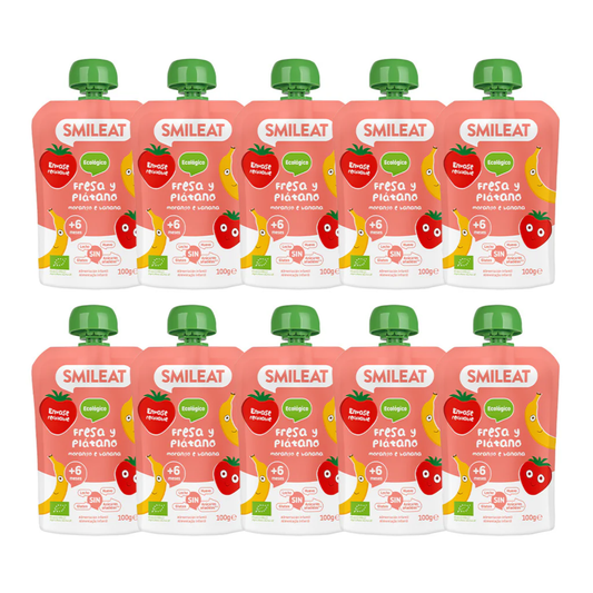 Pack de 10 saquetas ECO Morango e Banana Smileat 100 g