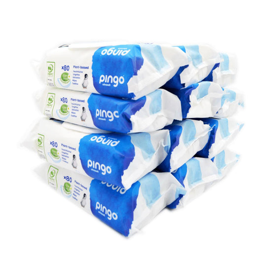 Embalagem com 12 toalhitas 100% biodegradáveis ​​​​Pingo, 80 unidades