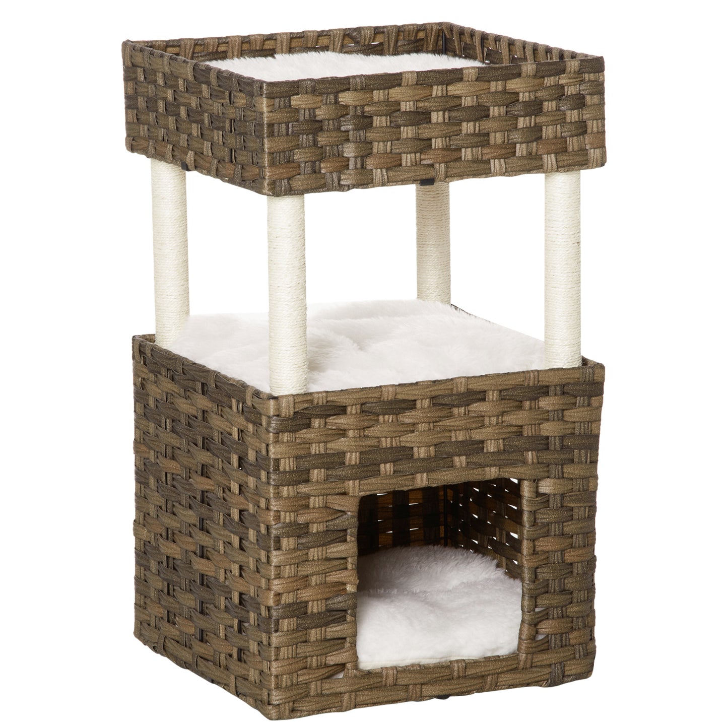 Pawhut Rascador Gatos De Ratán Con Cueva Camas Postes De Sisal Cojines Lavables_0