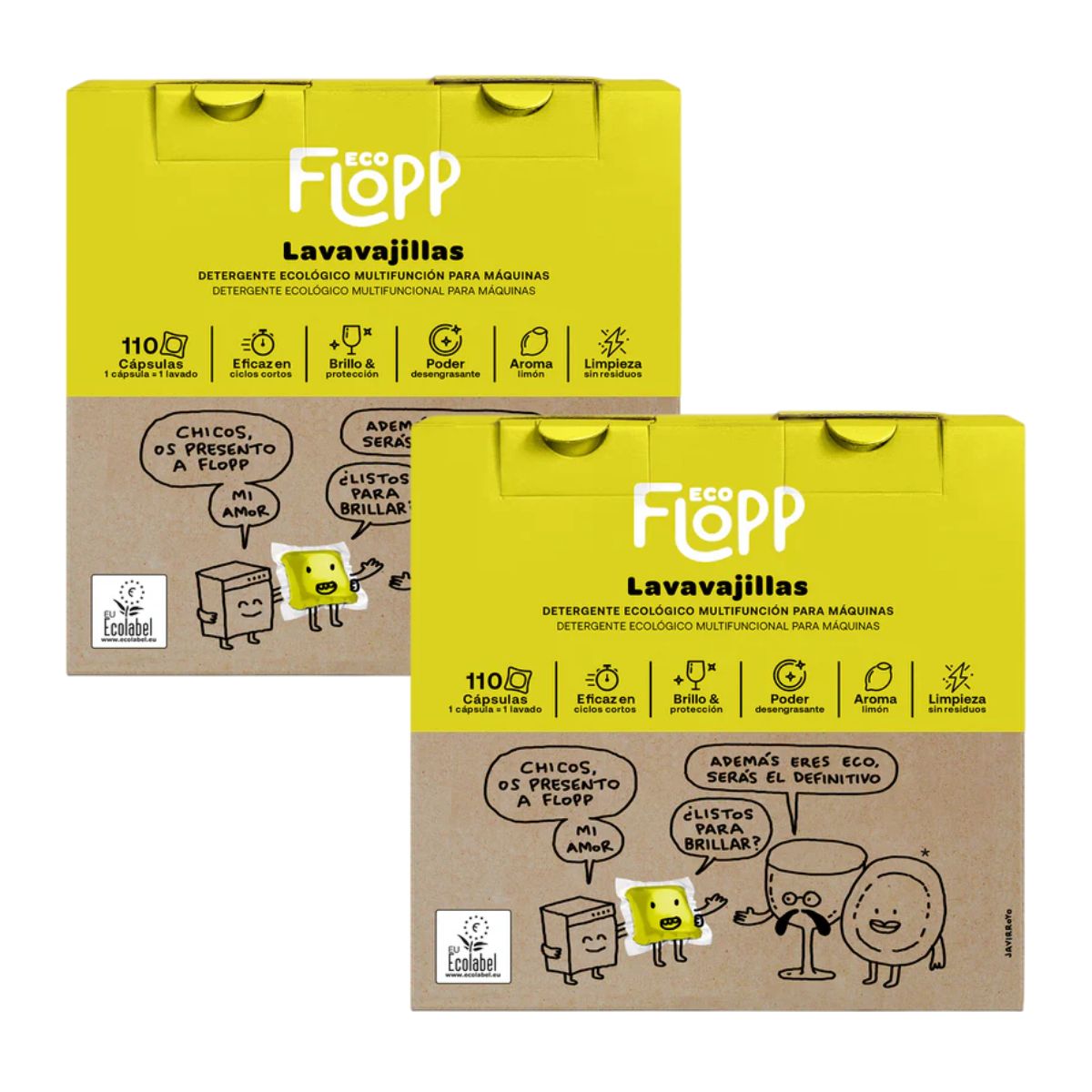 Embalagem de 2 detergentes em gel para máquina de lavar louça FLOPP ECOPACK 110 cápsulas