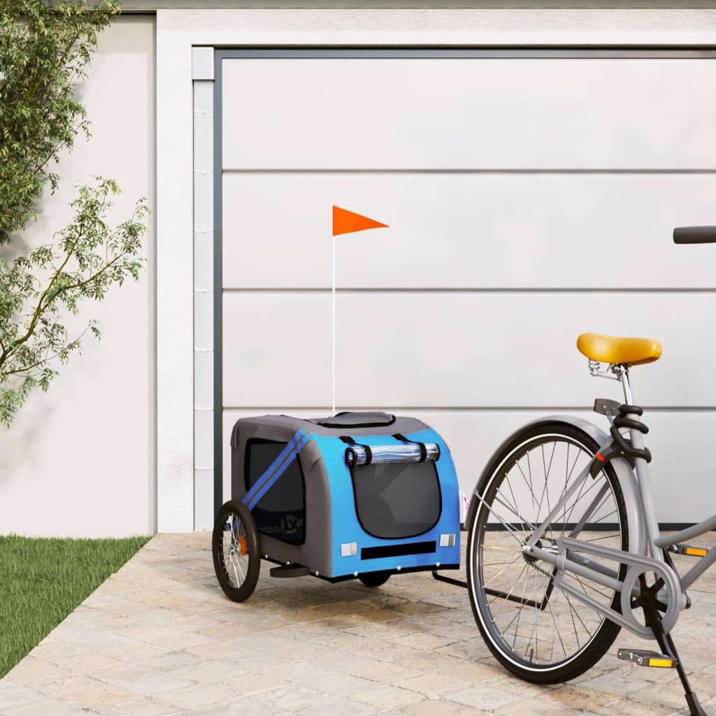 Remolque De Bicicleta Mascotas Hierro Tela Oxford Azul Gris_1