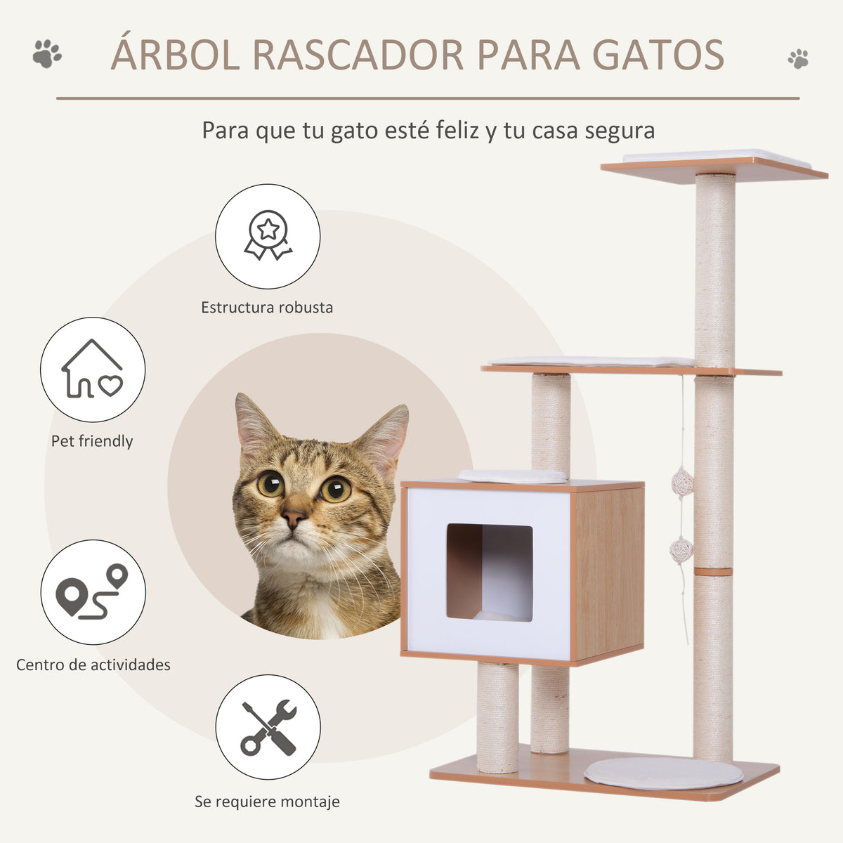 Pawhut Árbol Rascador Gatos De Madera 71,5x49,5x120 Cm Con Cueva Postes De Sisal_3