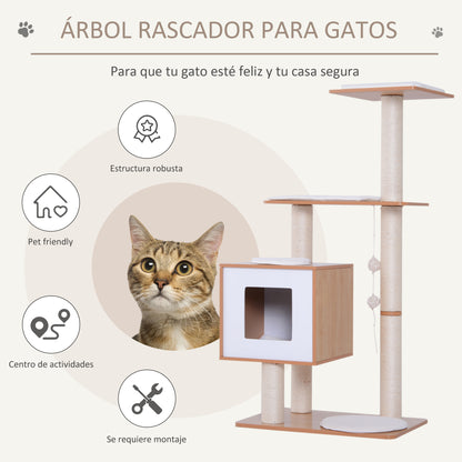 Pawhut Árbol Rascador Gatos De Madera 71,5x49,5x120 Cm Con Cueva Postes De Sisal_3