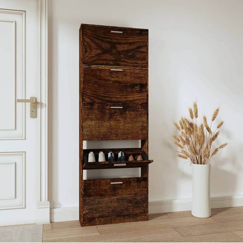 Vidaxl Mueble Zapatero Madera Contrachapada Roble Ahumado 59x17x169 Cm_1