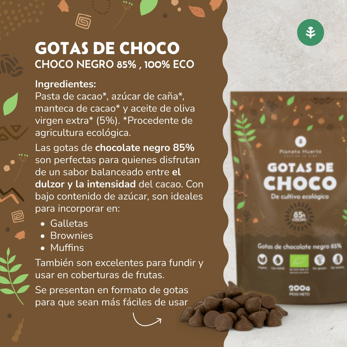 Pepitas de Chocolate 85% cacau ECO Planeta Huerto 200 g
